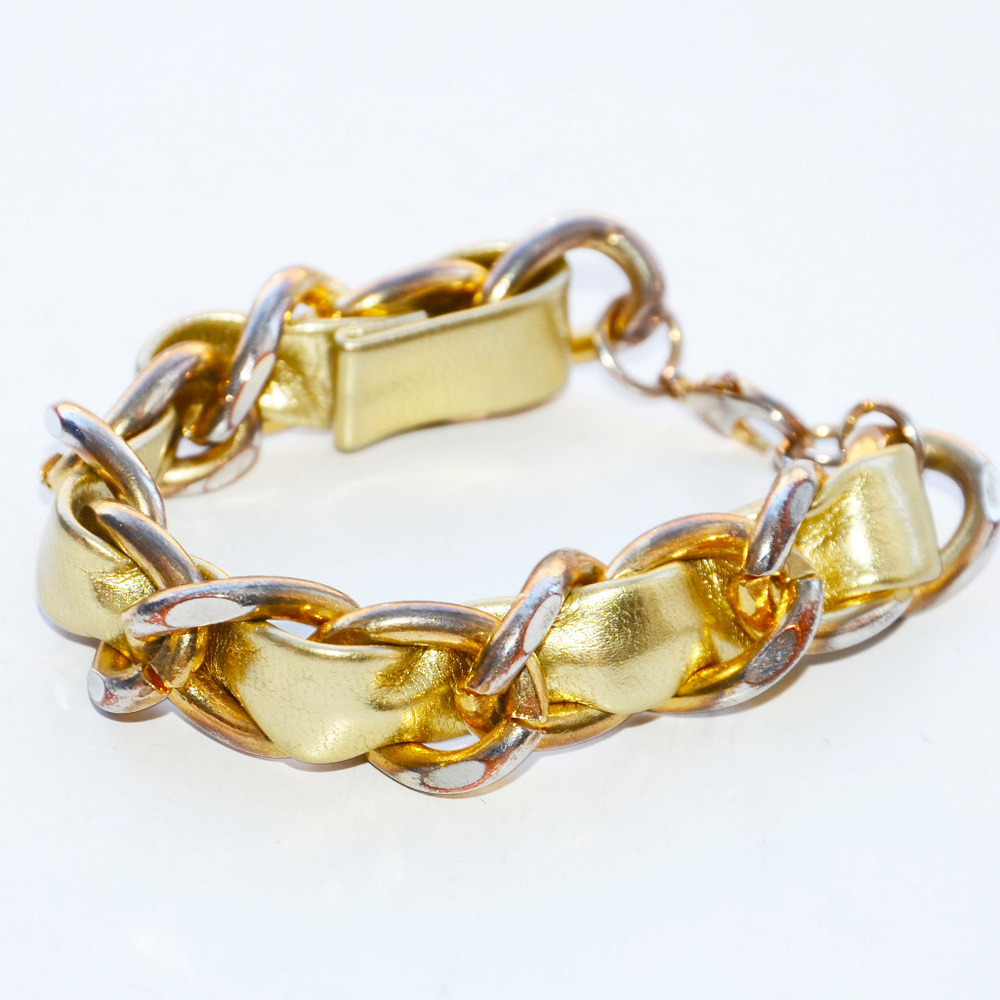 gold faux leather chain strap bracelet 1990's